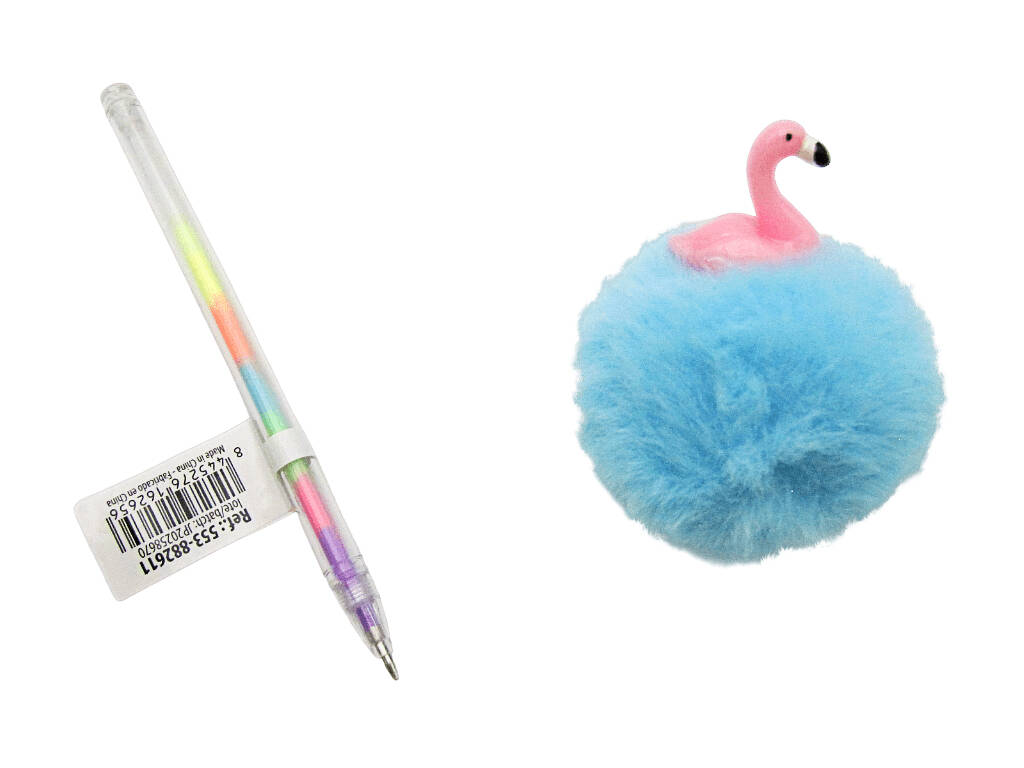 Penna multicolore con pompon e flamenco da 19 cm