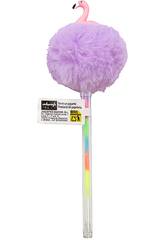 Penna multicolore con pompon e flamenco da 19 cm