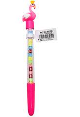Penna a sfera blu con flamenco e perline con lettere, 19,5 cm