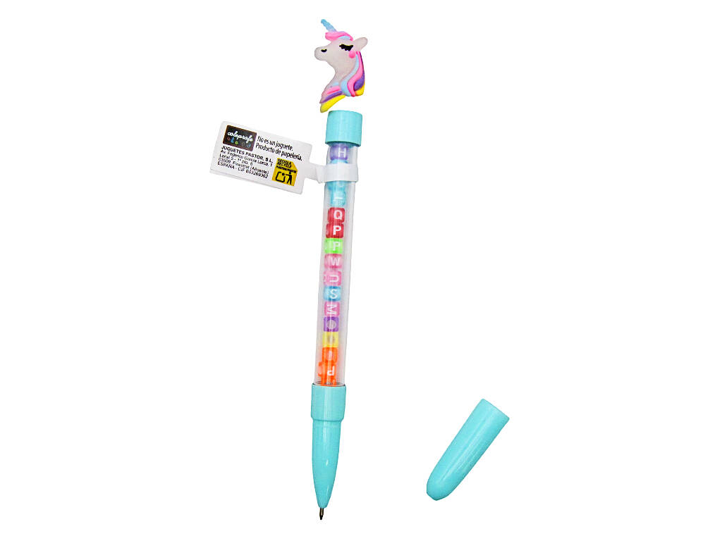 Caneta Azul com Unicórnio e Contas com Letras de 19,5 cm