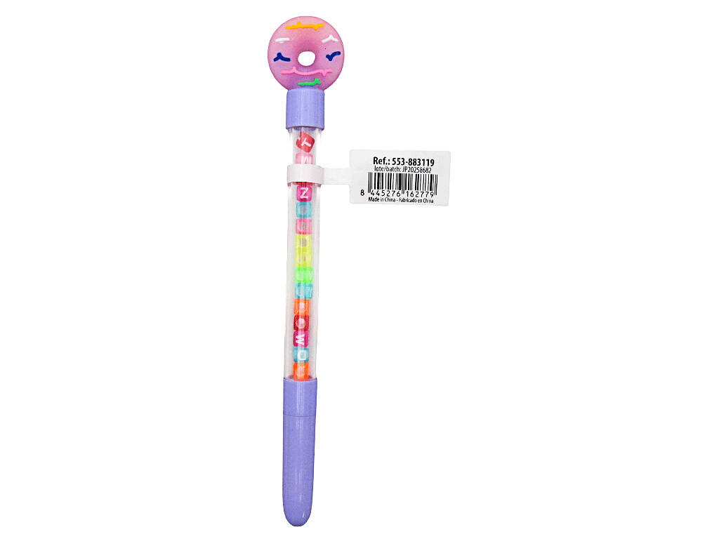Stylo à bille bleu avec donut et perles avec lettres 18,5 cm