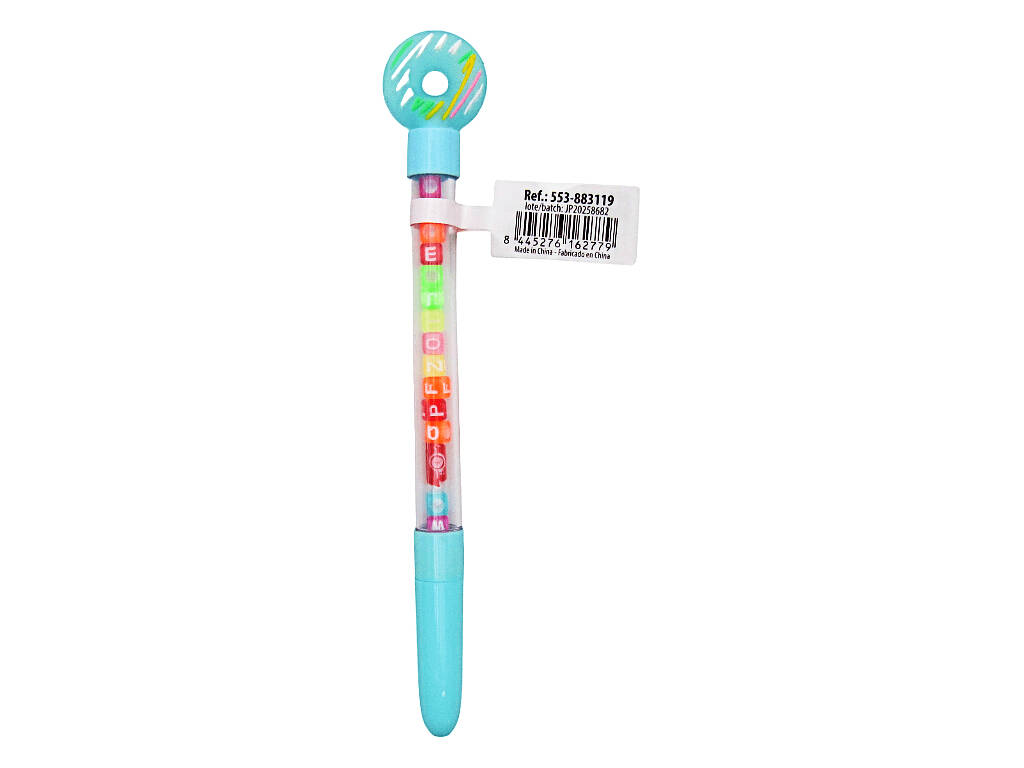 Stylo à bille bleu avec donut et perles avec lettres 18,5 cm