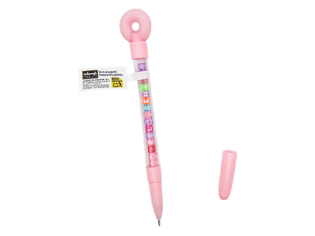 Stylo à bille bleu avec donut et perles avec lettres 18,5 cm