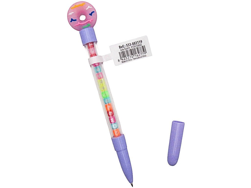 Stylo à bille bleu avec donut et perles avec lettres 18,5 cm