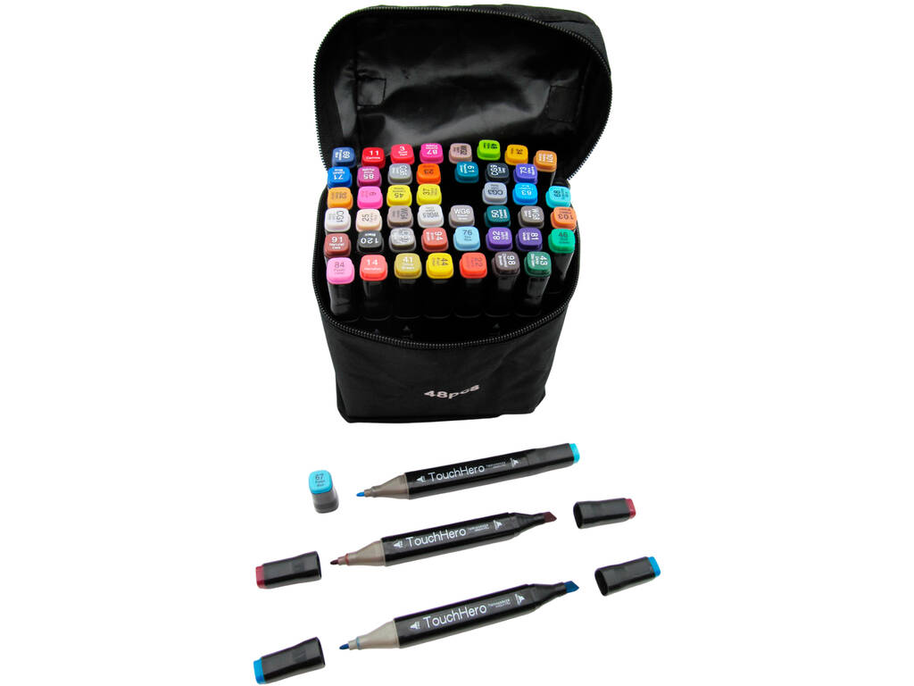 Set di 48 pennarelli di diversi colori con 2 punte da 3 e 6,5 mm in borsa con manico.