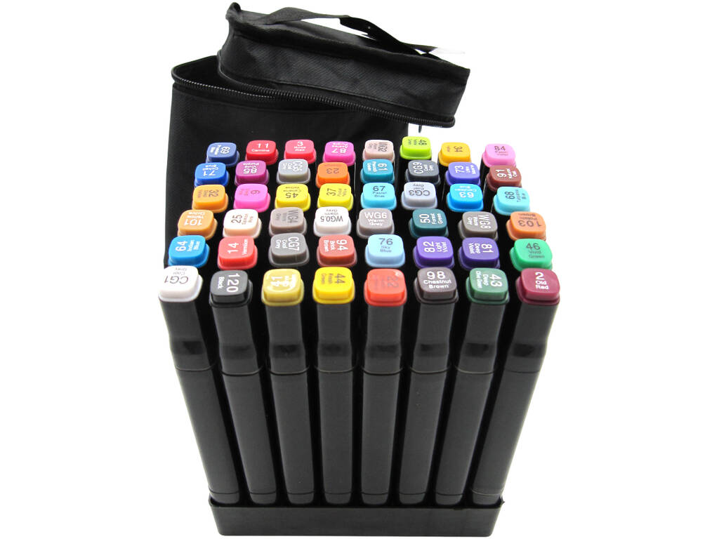 Set di 48 pennarelli di diversi colori con 2 punte da 3 e 6,5 mm in borsa con manico.
