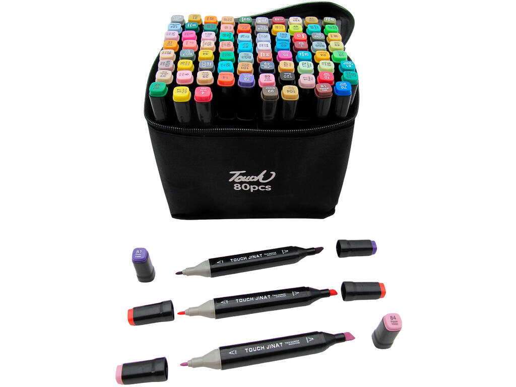 Set di 80 pennarelli di diversi colori con 2 punte da 3 e 6,5 mm in borsa con manico