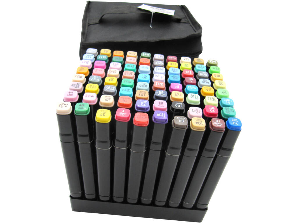 Set di 80 pennarelli di diversi colori con 2 punte da 3 e 6,5 mm in borsa con manico