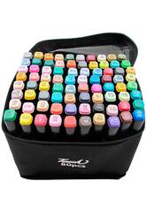 Set di 80 pennarelli di diversi colori con 2 punte da 3 e 6,5 mm in borsa con manico