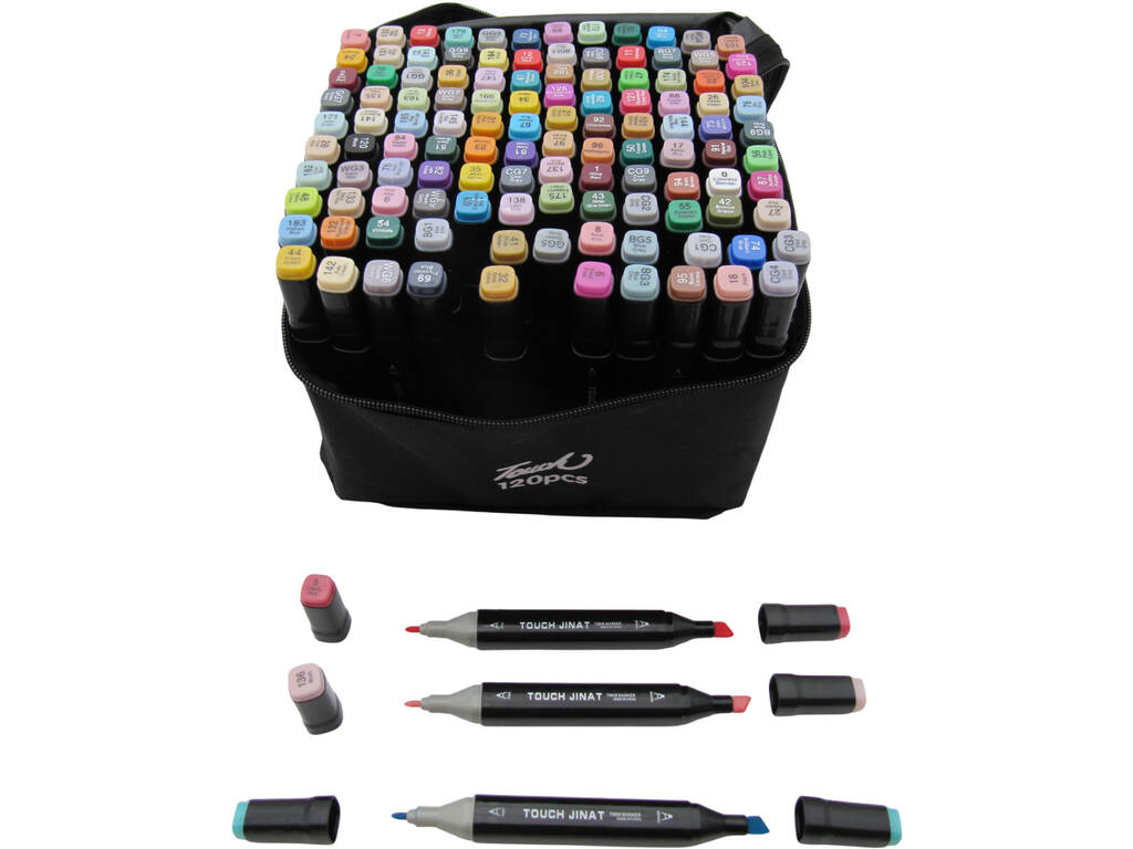 Set di 120 pennarelli di diversi colori con 2 punte da 3 e 6,5 mm in borsa con manico