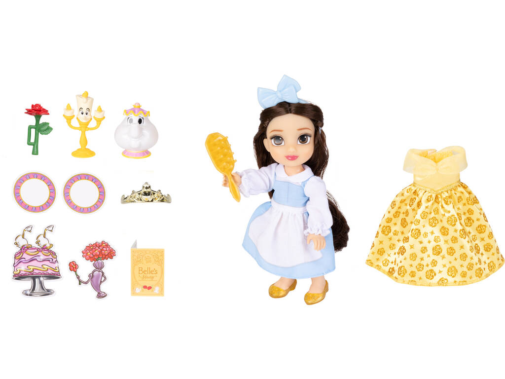 Poupée Disney Princess Belle de 15 cm avec Mme Potts et Lumière