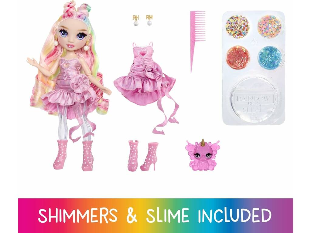 Rainbow High Shimmers Poupée Bella Parker avec slime et animal de compagnie