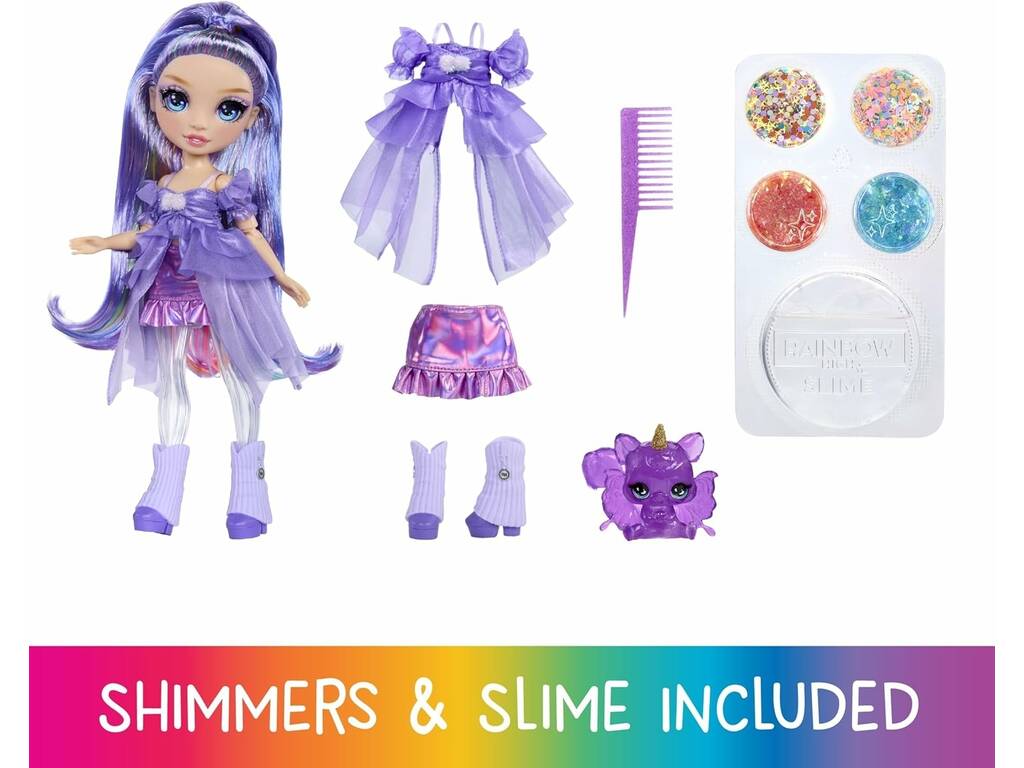 Rainbow High Shimmers Poupée Violet Willow avec slime et animal de compagnie