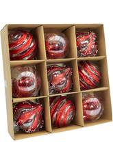 Enfeite Natalício Caixa com 9 Bolas Ornamentais Variadas Purpurina Vermelha de 8 cm