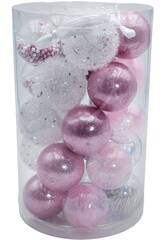Weihnachtsdeko Box mit 25 rosa und silbernen Weihnachtskugeln, 6 cm