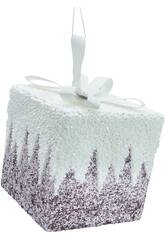 Weihnachtsdeko Geschenkbox Lila mit Glitzer und weißer Schleife, 15 cm