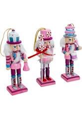 Weihnachtsdeko Set 3 Nussknacker Soldaten Rosa aus Holz, 13 cm