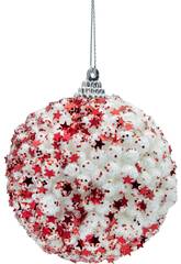 Addobbo natalizio palla bianca con stelle e glitter rosso da 8 cm