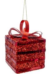 Weihnachtsdeko Geschenkbox Rot mit Glitzer und roter Schleife, 8 cm