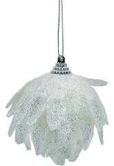Addobbo natalizio palla bianca con foglie e glitter da 8 cm