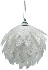 Addobbo natalizio palla bianca con foglie e glitter da 10 cm