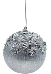 Décoration de Noël boule argentée avec perles, paillettes et sequins, 10 cm
