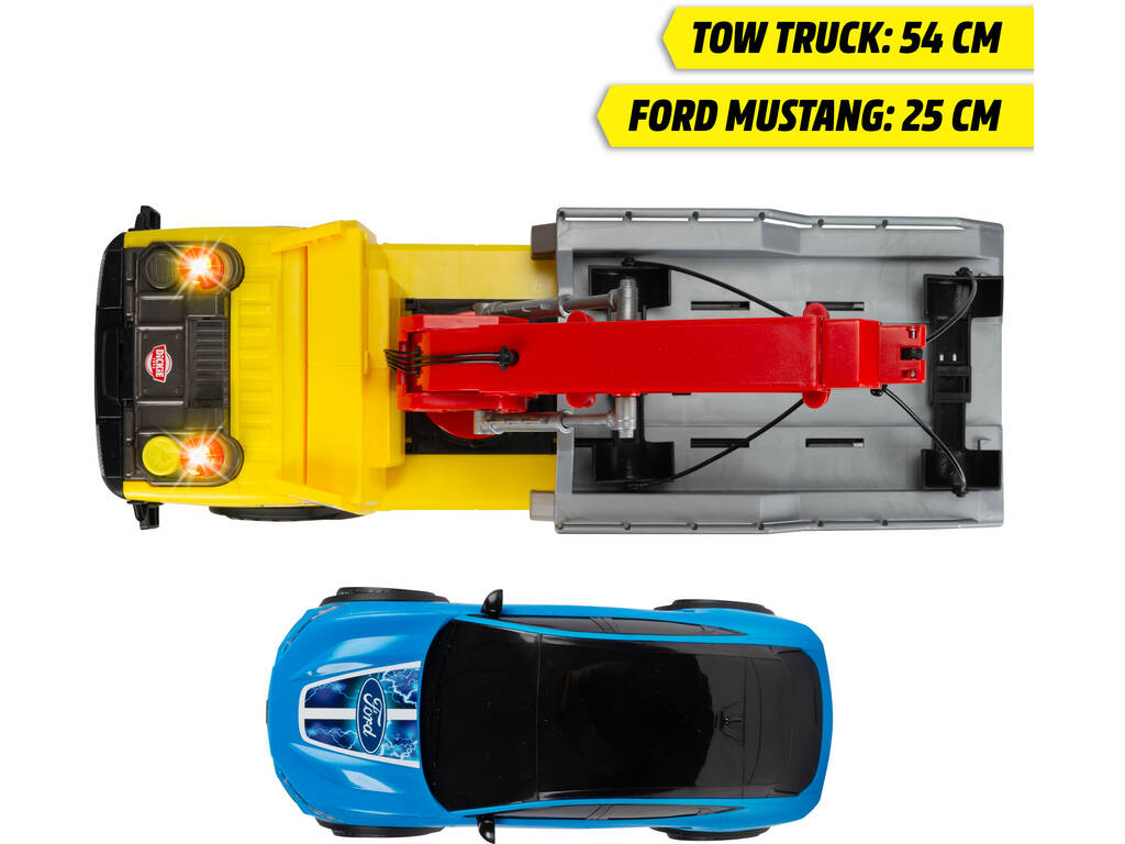 Camión Grúa Volvo de 55 cm con Luces y Sonidos y Coche Form Mustang de 25 cm