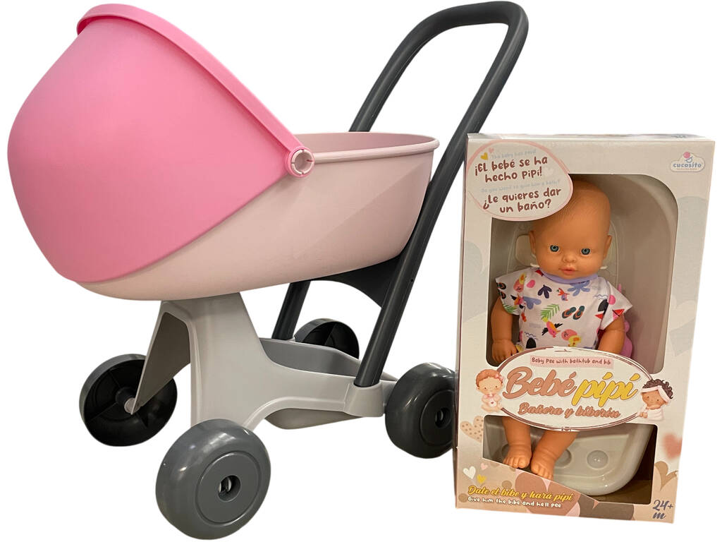 Cucosito Pack Chariot de poupée avec poupée bébé Pipi de 32 cm et accessoires