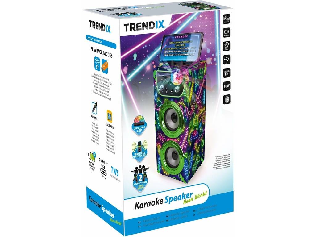 Trendix Karaoke Speaker Neon World con Micrófonos y Disco Luz LED