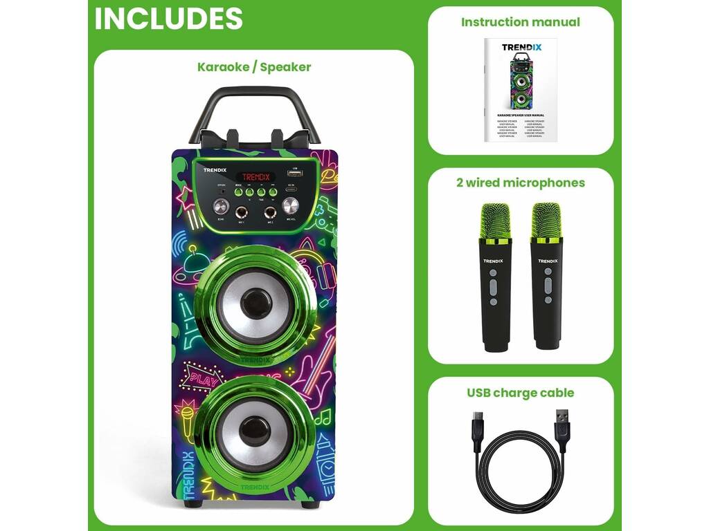Trendix Karaoke Speaker Neon World con Micrófonos y Disco Luz LED