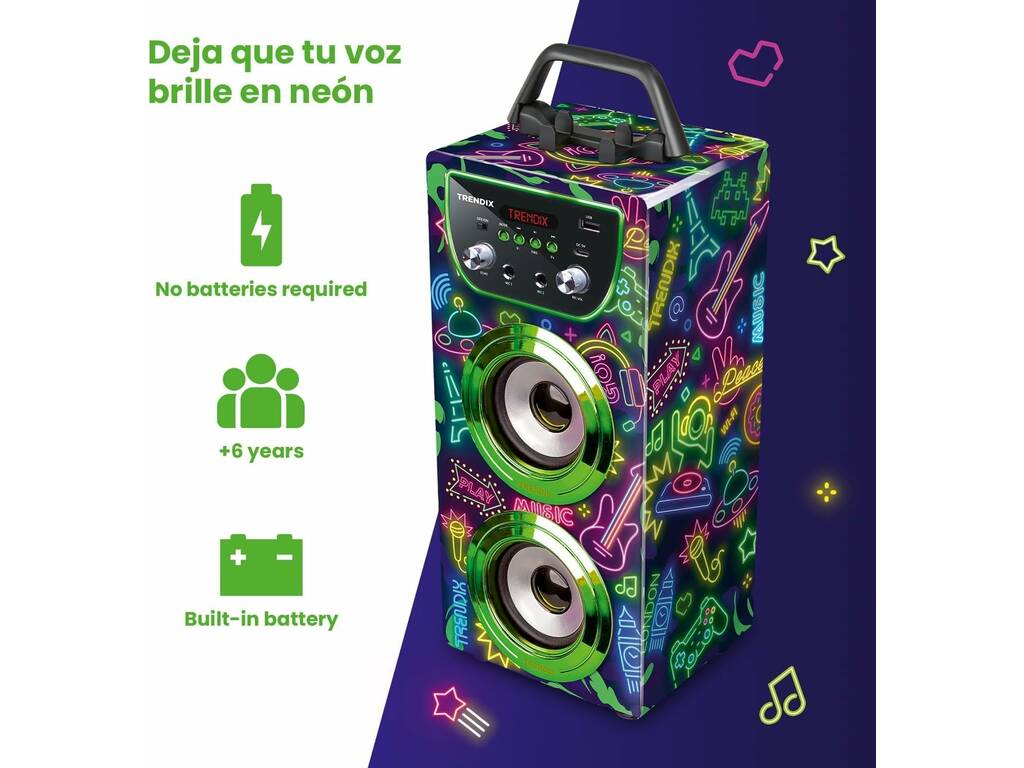 Trendix Karaoke Speaker Neon World con Micrófonos y Disco Luz LED