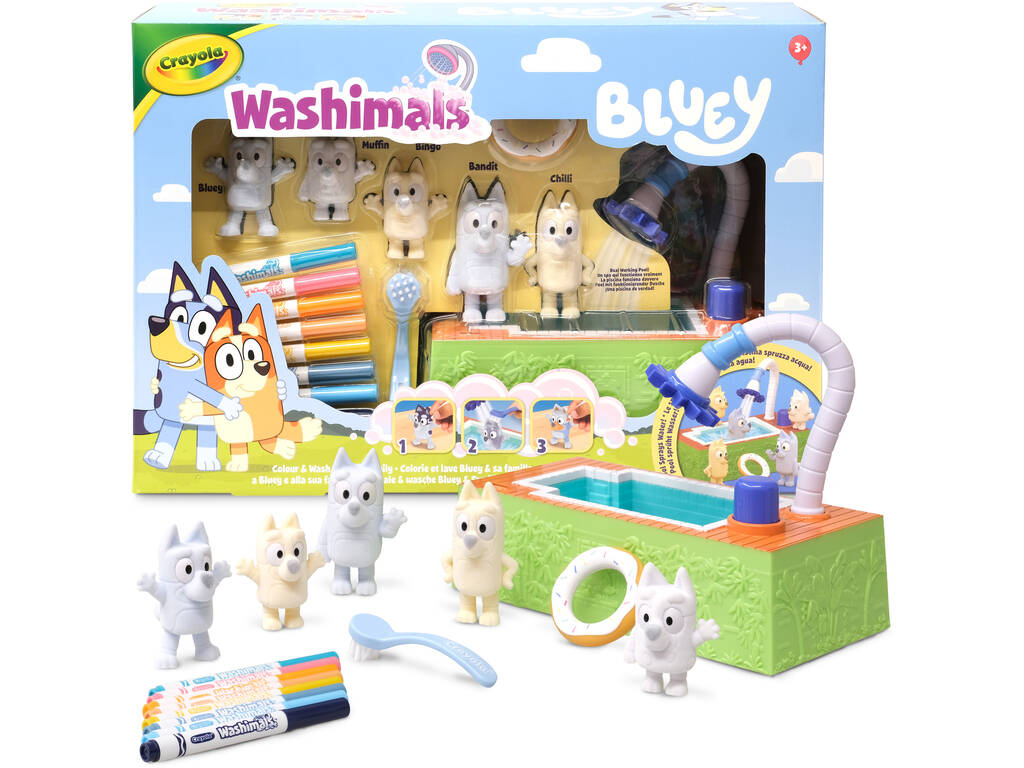Crayola Washimals Bluey Set 4 Mascotas Con Piscina y Fondo Coloreable