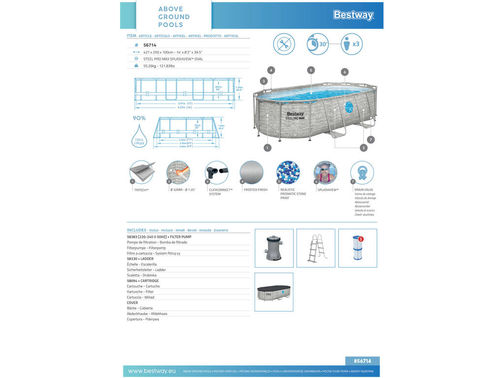 Piscina Desmontable Ovalada Steel Pro Max Splashview 427x250x100 cm. Bestway 56714