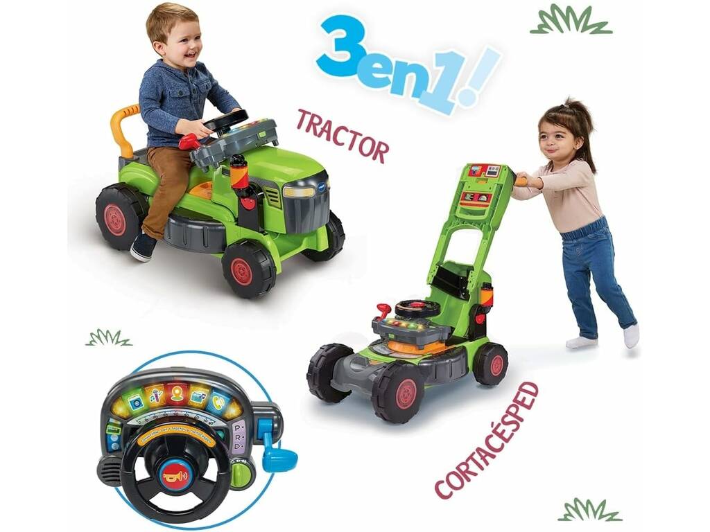Tracteur et tondeuse à gazon verts 3 en 1 convertibles avec lumières et sons