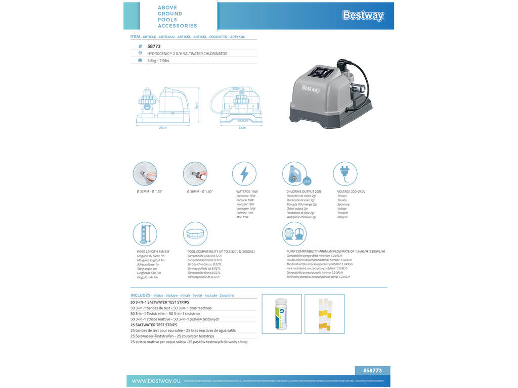 Clorador de Agua Salada Hydrogenic 2 gr/h Bestway 58773