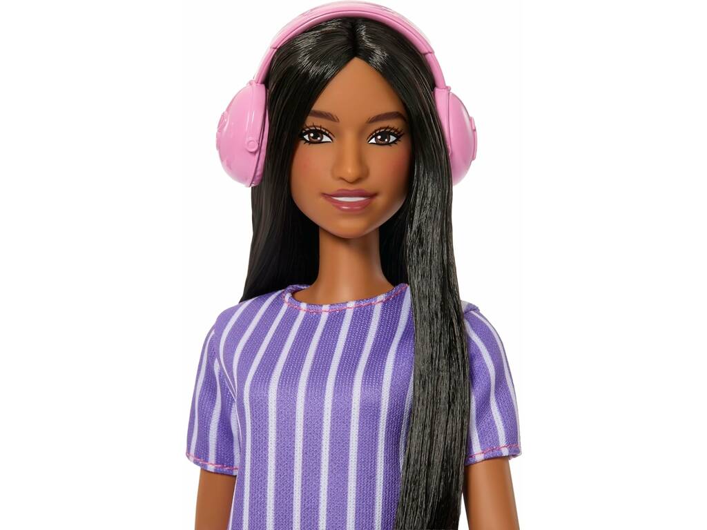Barbie Fashionistas Muñeca ASAN con Vestido Morado de Rayas