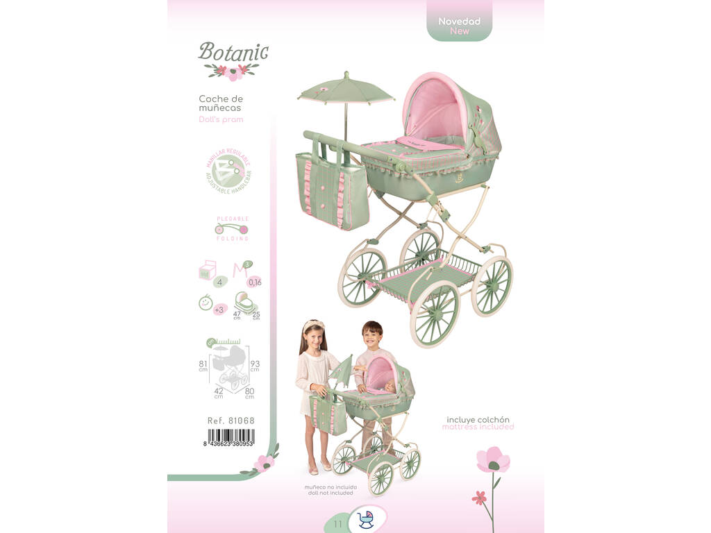 Carro de Muñecas Plegable Botanic con Bolso y Sombrilla