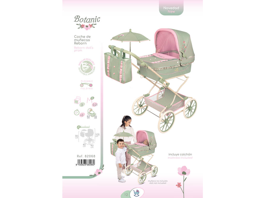 Carro de Muñecas Reborn Plegable Botanic con Bolso y Sombrilla
