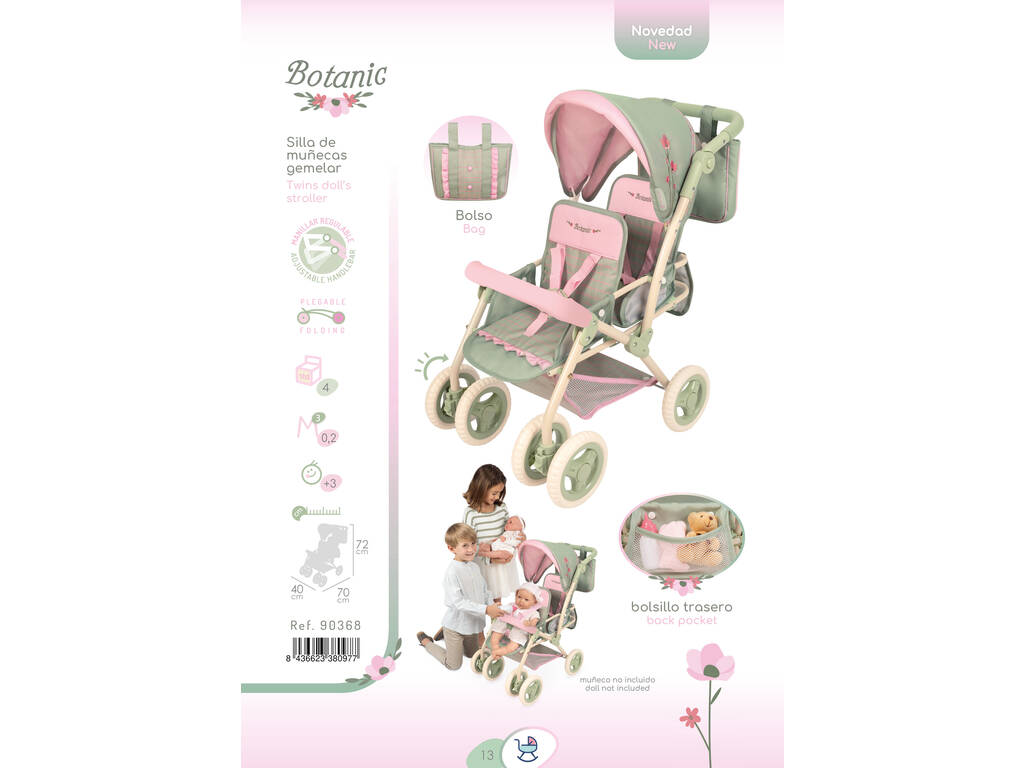 Carro de Muñecas Silla Gemelar Plegable Botanic con Bolso