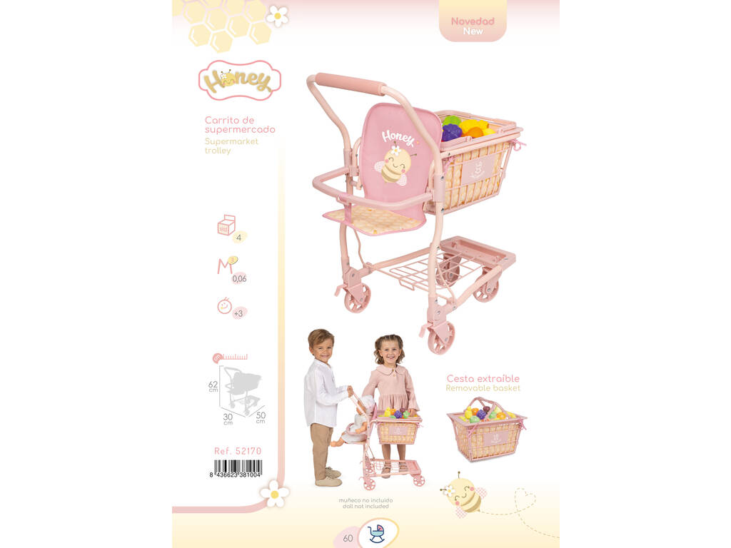 Chariot de courses Honey avec panier et 12 fruits