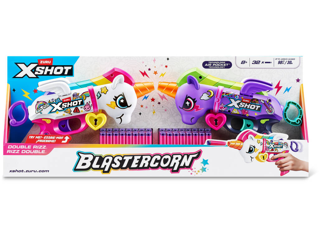 Zuru X-Shot Pack 2 Lanzadores de Dardos Blastercorn Double Rizz con 32 Dardos