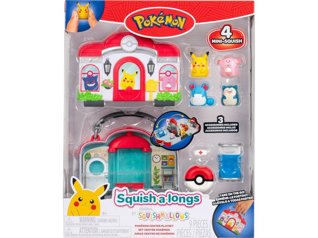 Squishmallows Squish-a-longs Pokémon Playset Centro Pokémon con 4 Mini-Squish y Accesorios