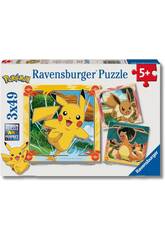 Puzzle 3x49 pièces Pokémon Pikachu, Charizard et Évoli