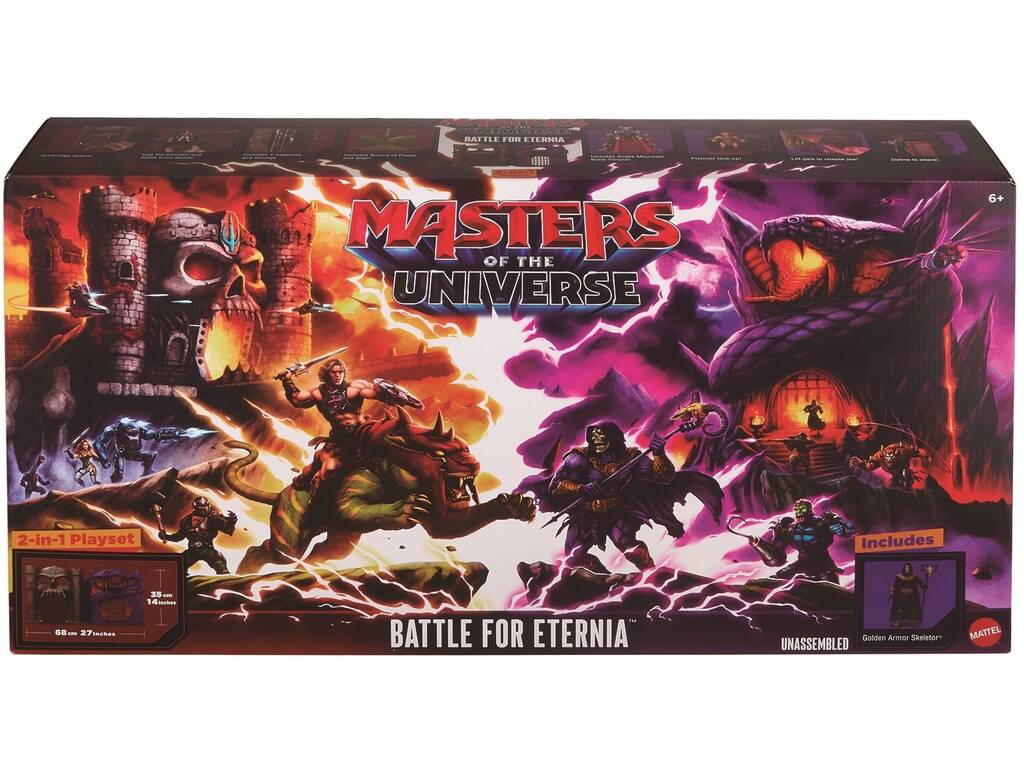 Masters Of The Universe Playset Batalla por Eternia con Figura Skeletor con Armadura Dorada de 14 cm