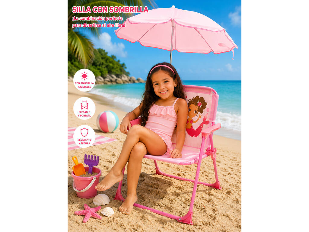 Chaise de jardin et de plage pliante pour enfants Sirène avec parasol