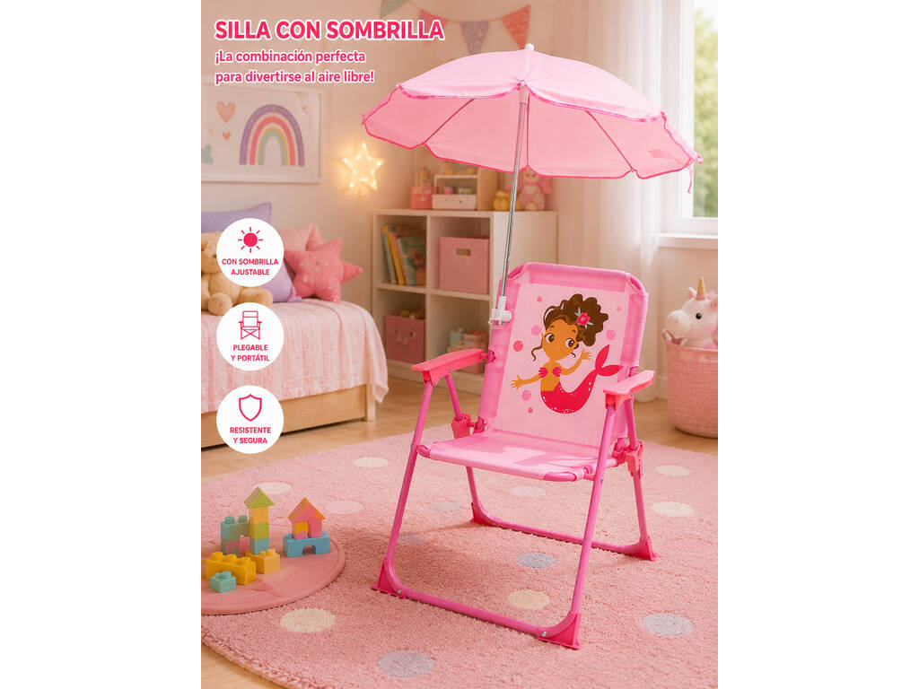 Chaise de jardin et de plage pliante pour enfants Sirène avec parasol