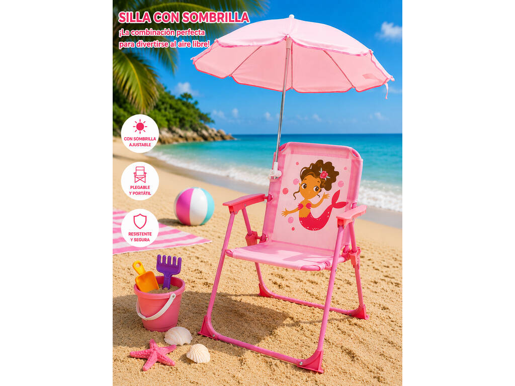 Chaise de jardin et de plage pliante pour enfants Sirène avec parasol