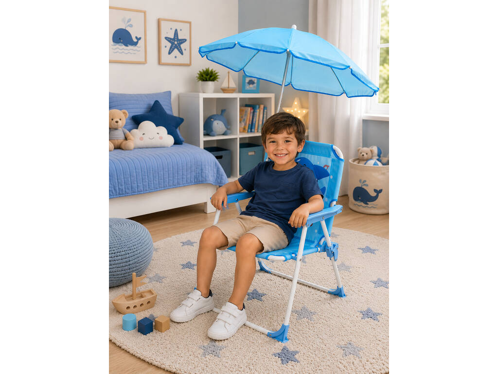 Chaise de jardin et de plage pliable pour enfants Blue Shark avec parasol