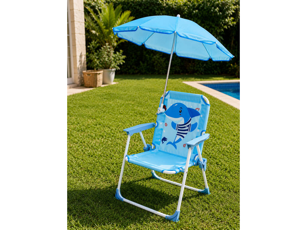 Chaise de jardin et de plage pliable pour enfants Blue Shark avec parasol