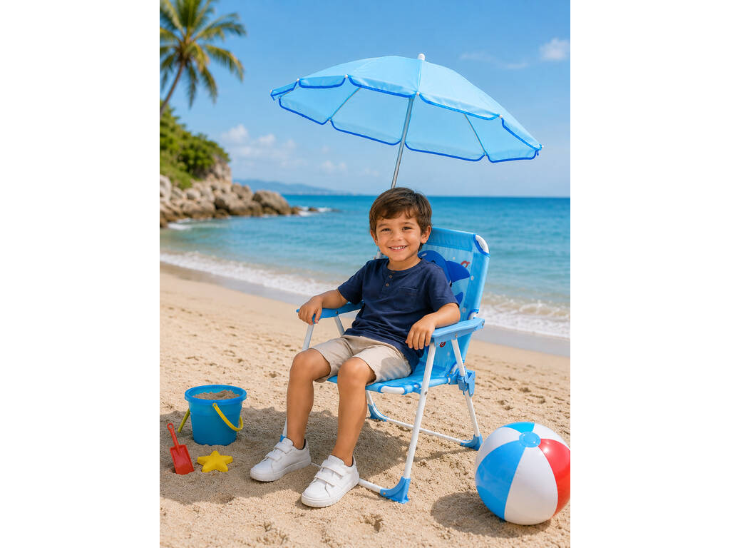 Chaise de jardin et de plage pliable pour enfants Blue Shark avec parasol